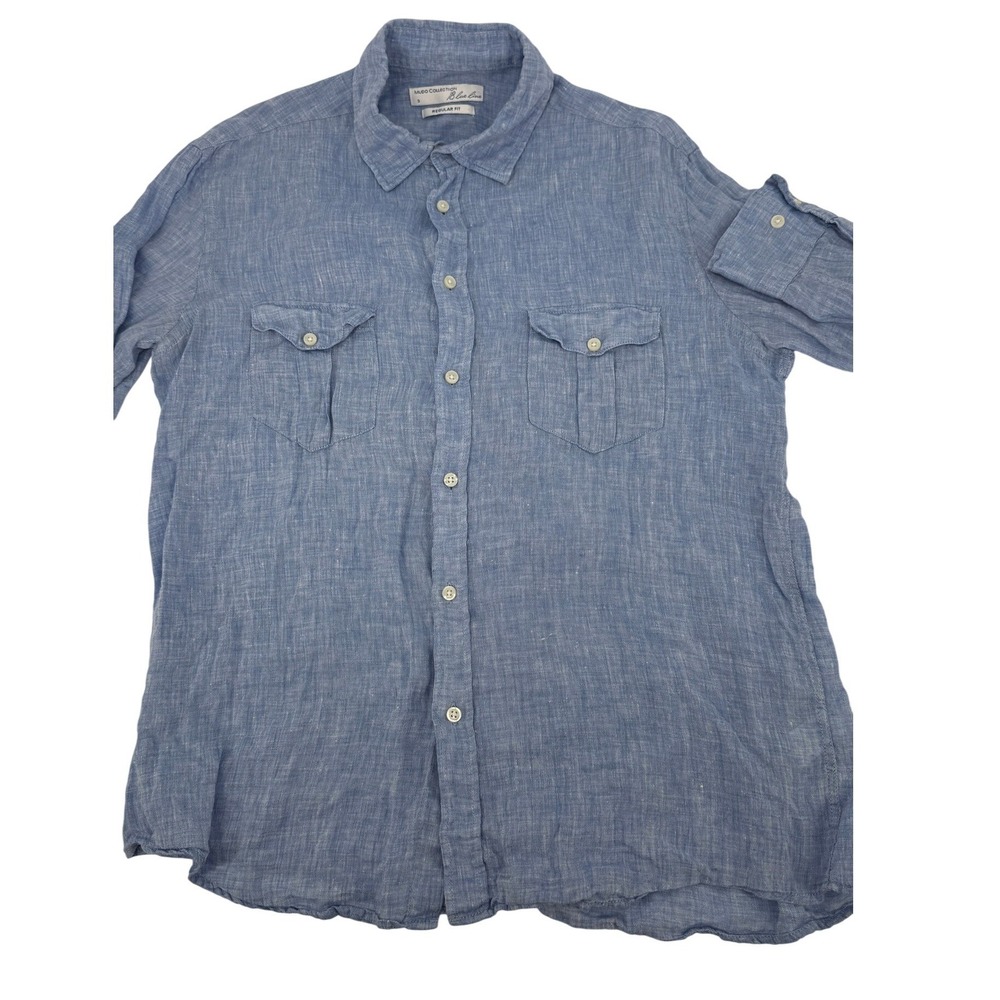 Mudo Collection Linen Shirt Mens 3/ L Blue Regular Fit Roll Tab Sleeve Coastal